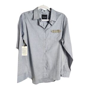 Hand sewn crystal and silk applique on chambray shirt size M
